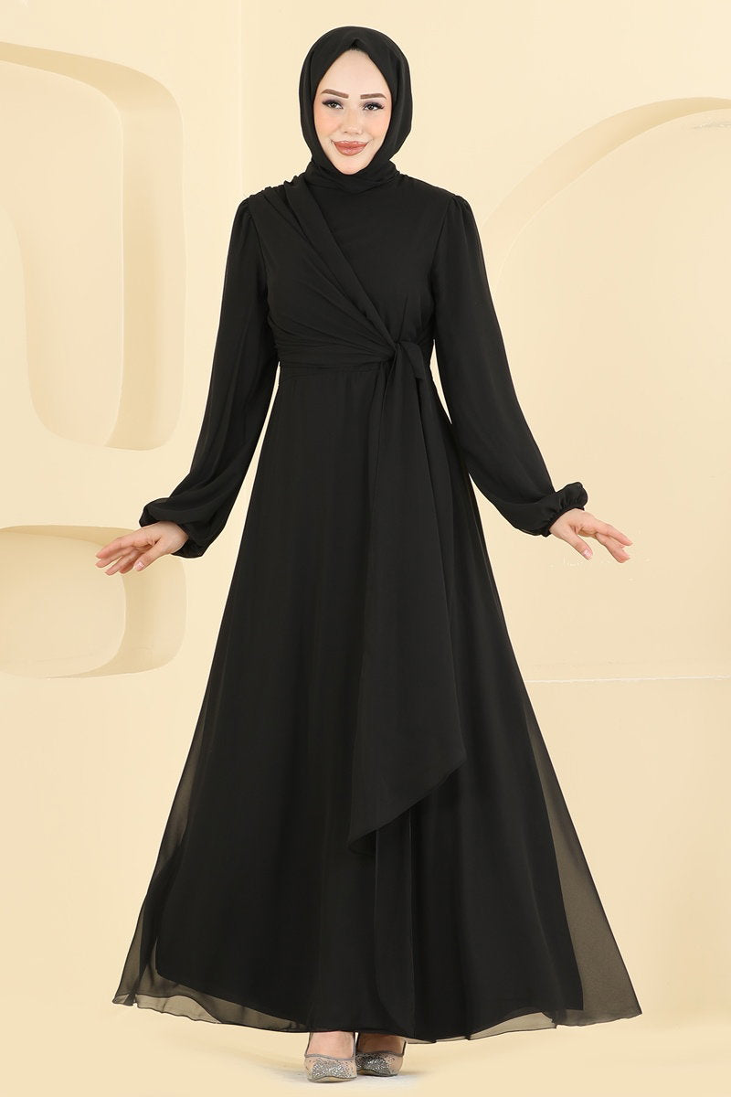 Chiffon Evening Dress with Tie Detail - Black