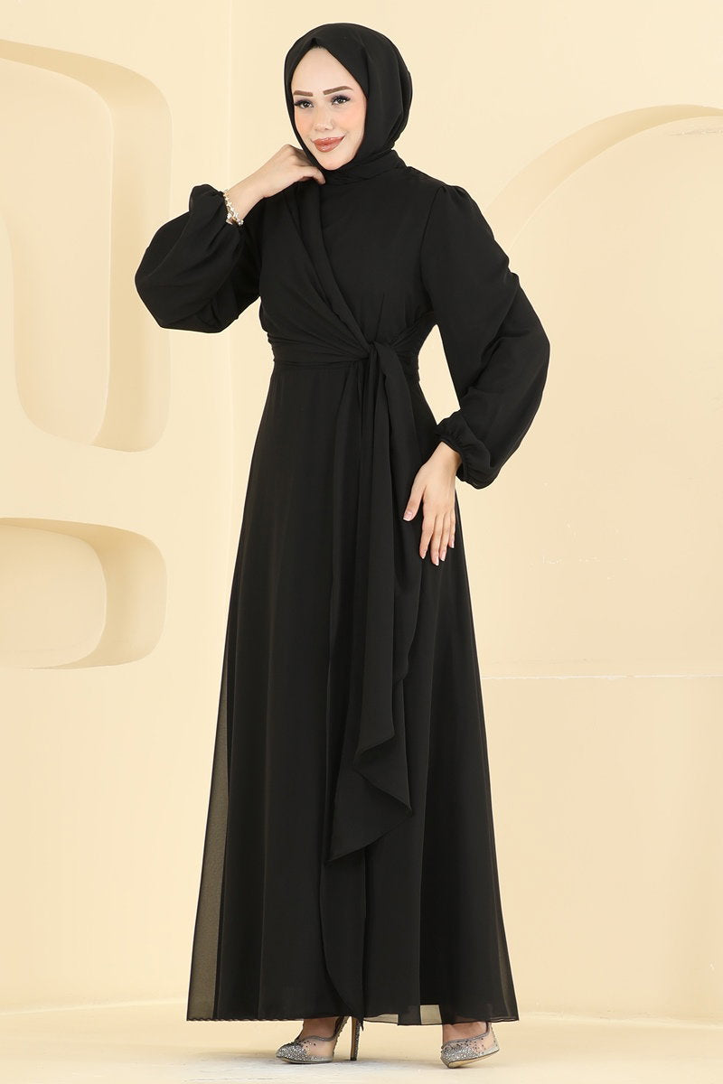 Chiffon Evening Dress with Tie Detail - Black