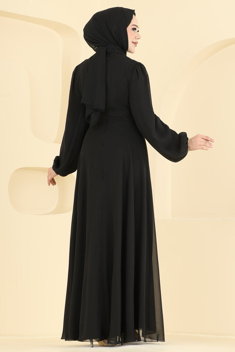 Chiffon Evening Dress with Tie Detail - Black