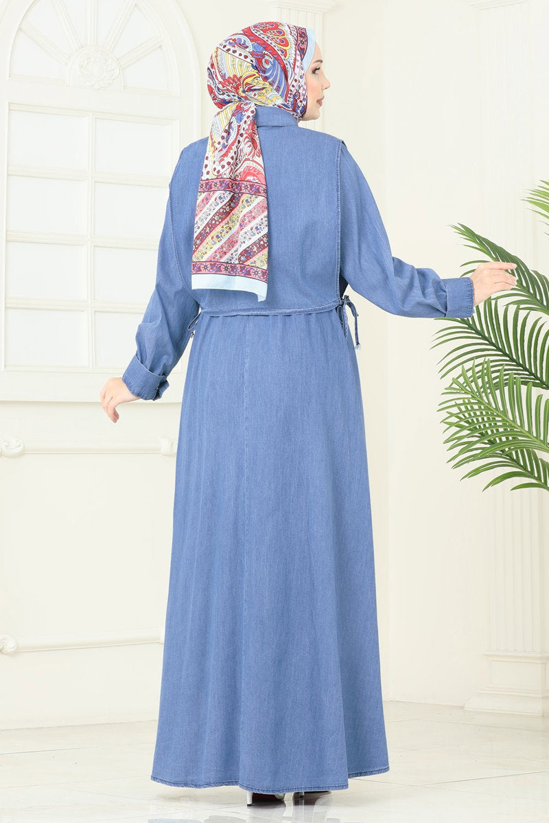 Denim Dress with Tie Vest - Light Denim
