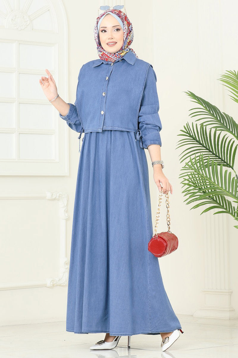 Denim Dress with Tie Vest - Light Denim