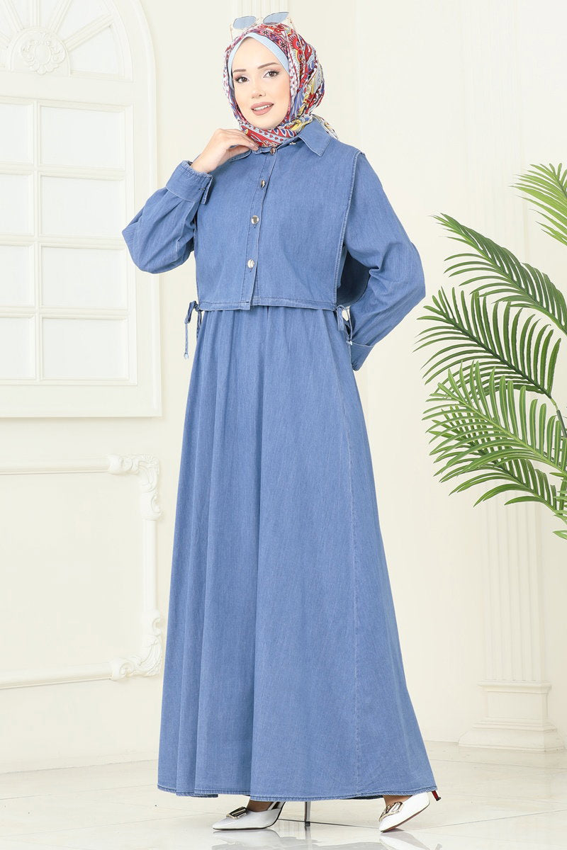Denim Dress with Tie Vest - Light Denim