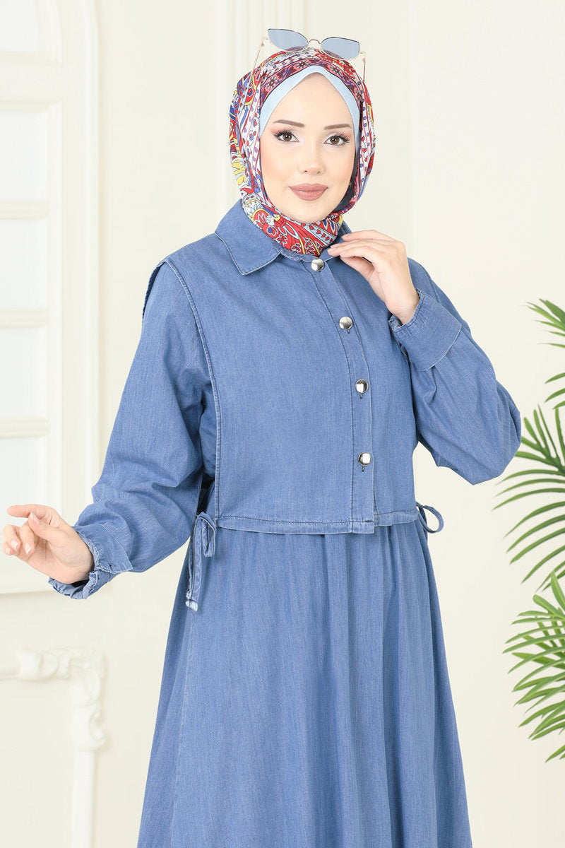 Denim Dress with Tie Vest - Light Denim