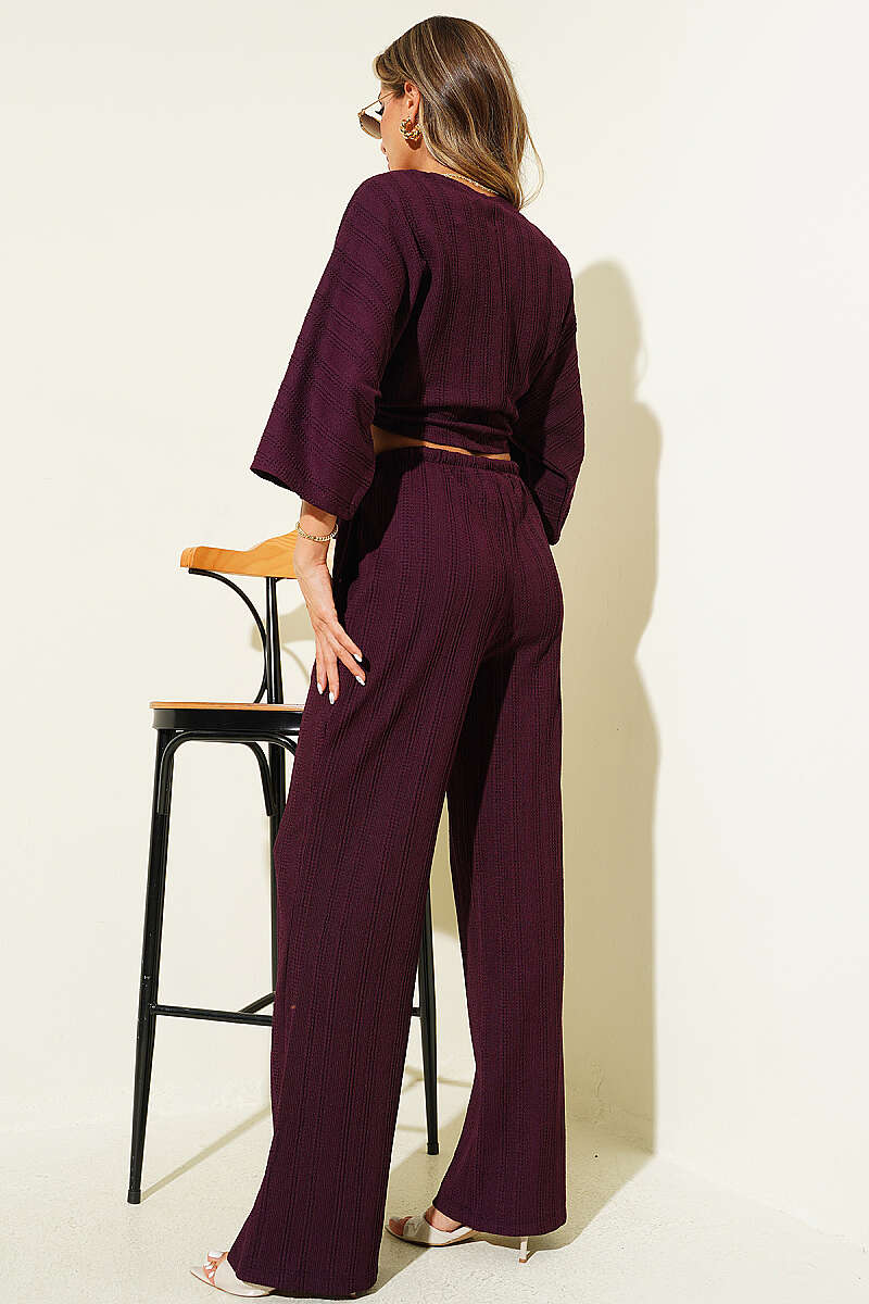 Tie Crinkle Crop Two-Piece Set - Plum