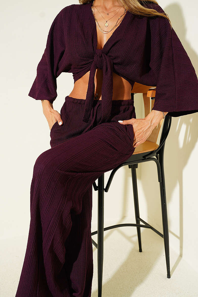 Tie Crinkle Crop Two-Piece Set - Plum