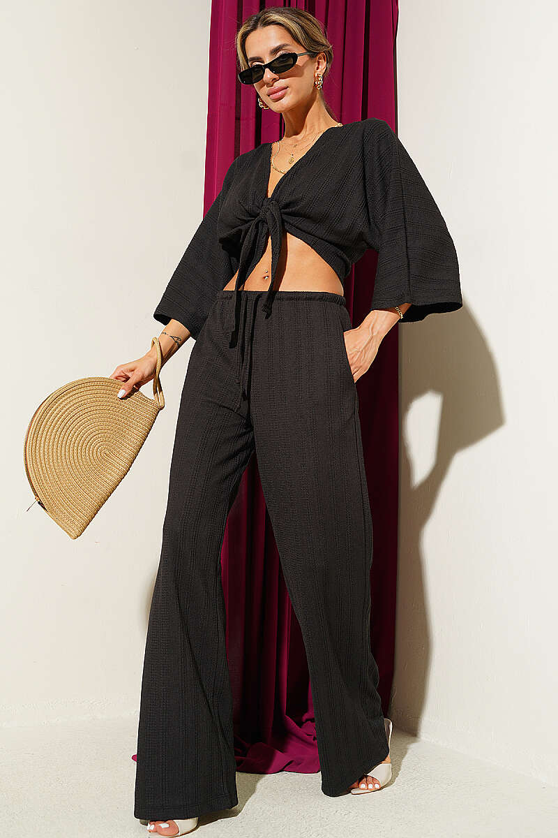Tie Crinkle Crop Two-Piece Set - Black