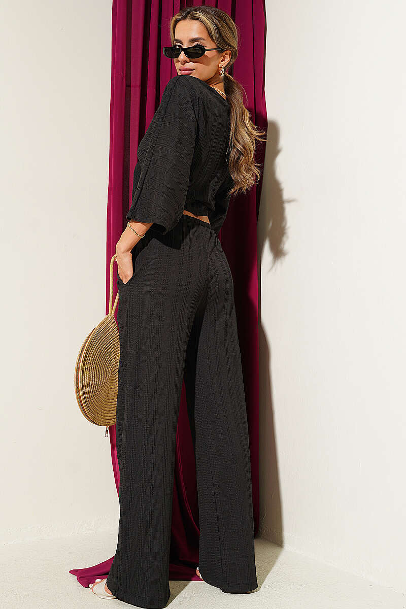 Tie Crinkle Crop Two-Piece Set - Black