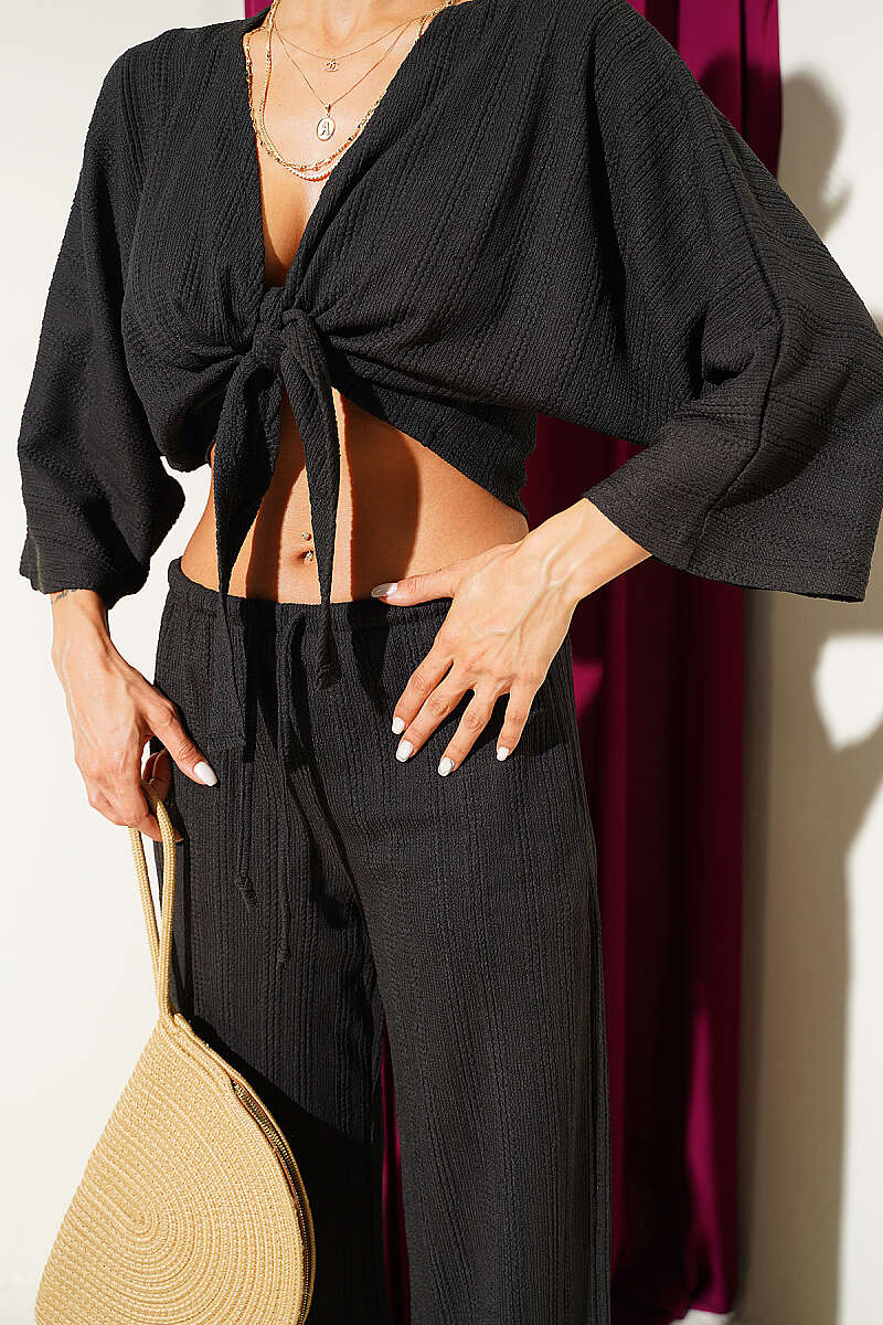 Tie Crinkle Crop Two-Piece Set - Black