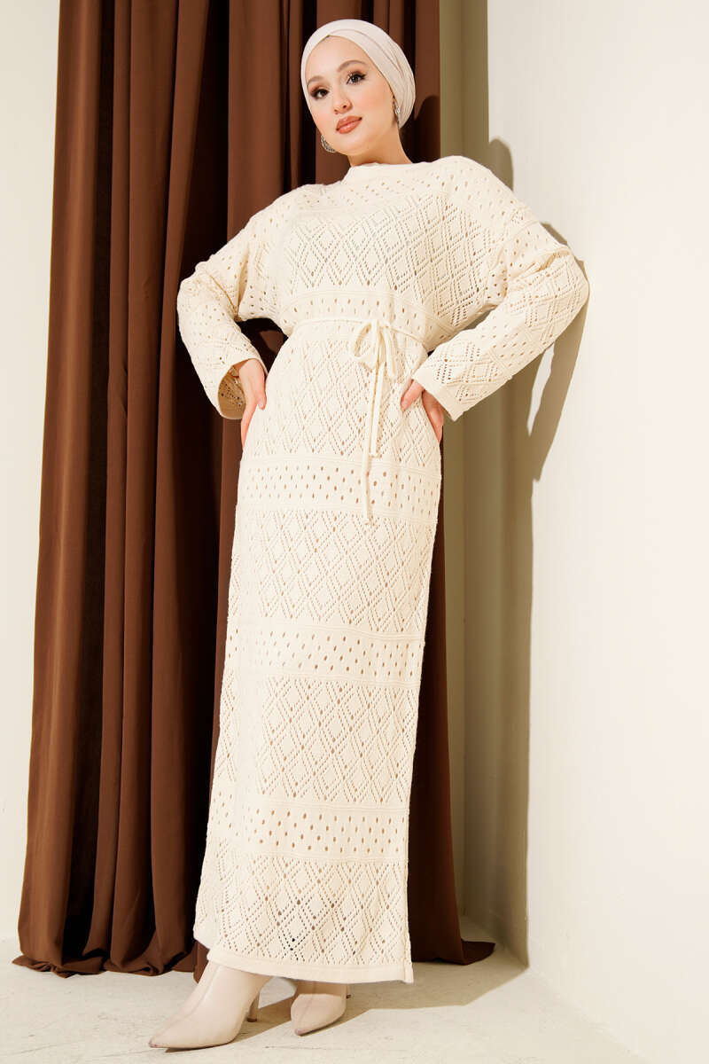 Openwork Diamond Knit Dress - Beige