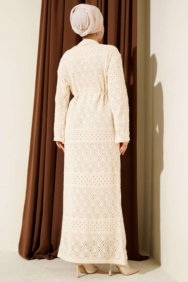 Openwork Diamond Knit Dress - Beige