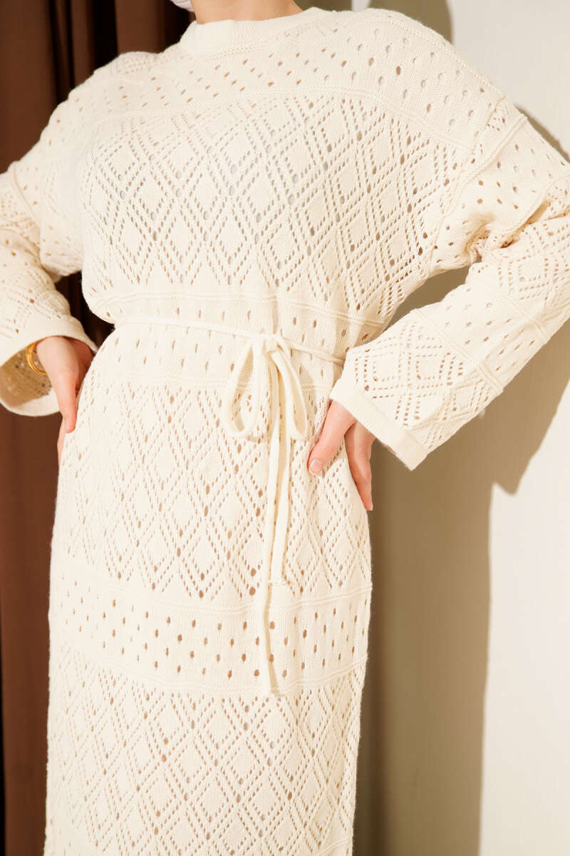 Openwork Diamond Knit Dress - Beige