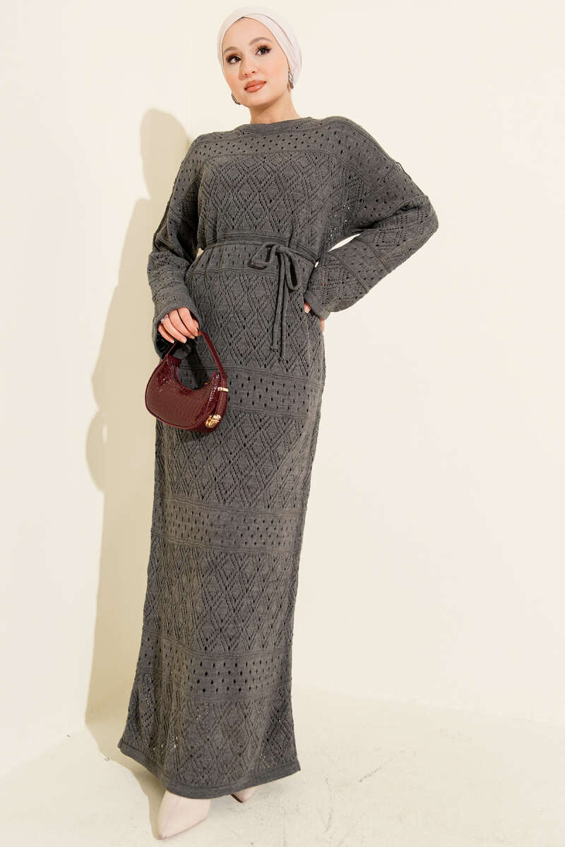 Openwork Diamond Knit Dress - Smoke Grey