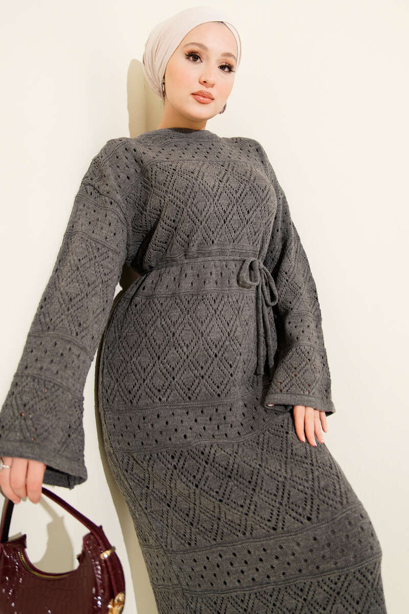Openwork Diamond Knit Dress - Smoke Grey
