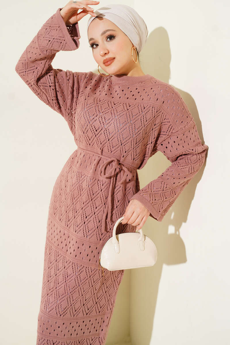 Openwork Diamond Knit Dress - Dusty Rose