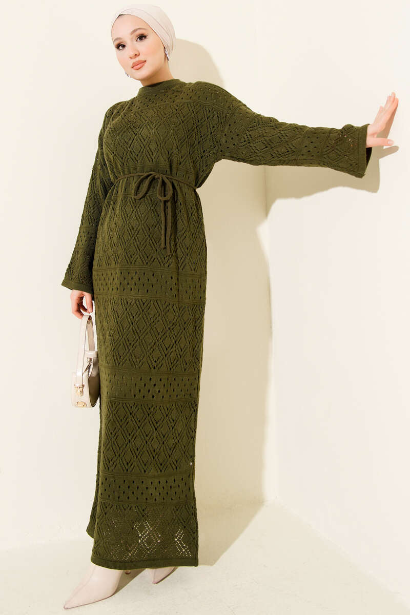 Openwork Diamond Knit Dress - Khaki