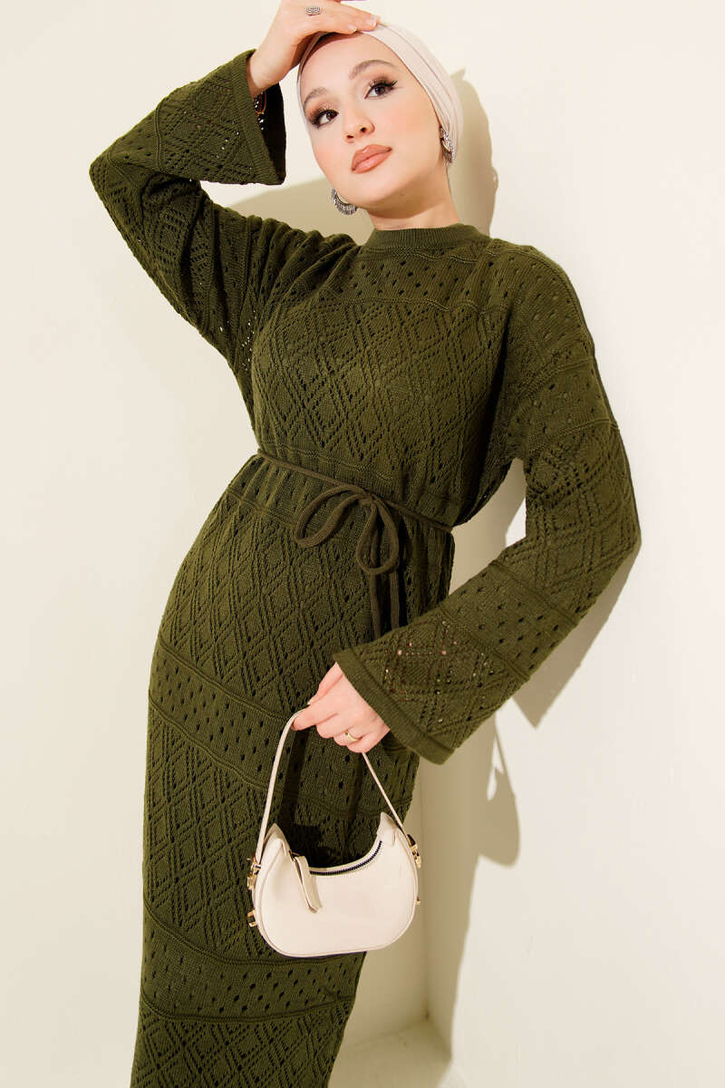 Openwork Diamond Knit Dress - Khaki