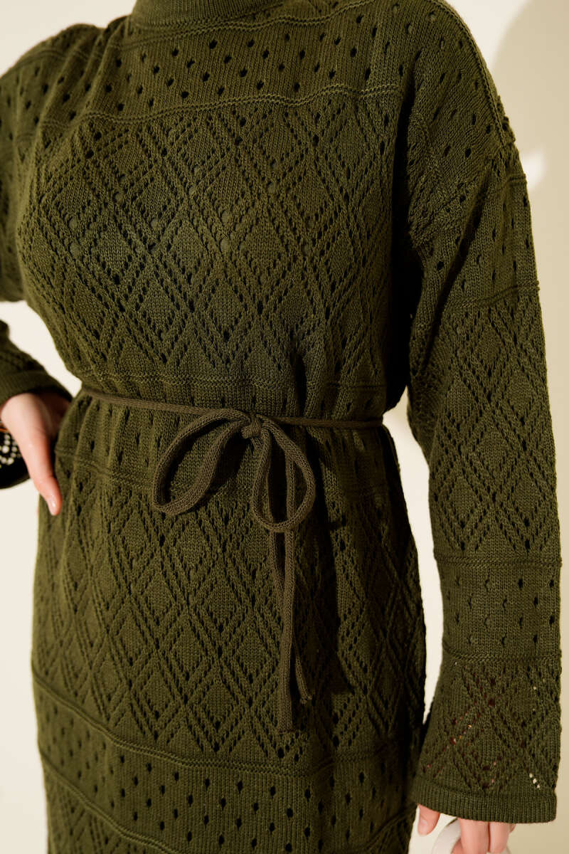 Openwork Diamond Knit Dress - Khaki
