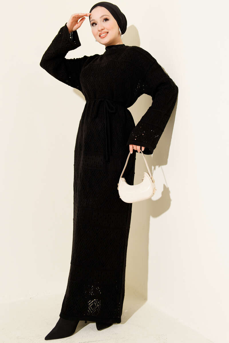 Openwork Diamond Knit Dress - Black