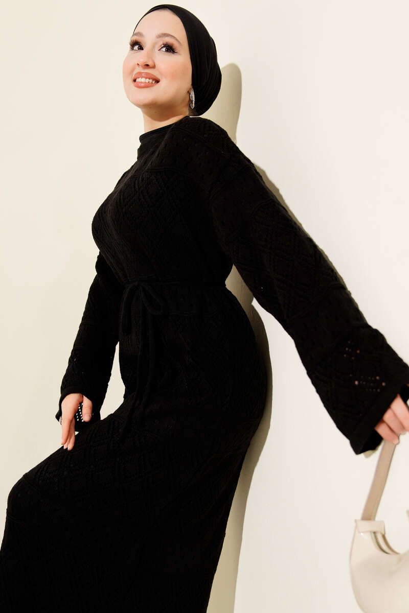 Openwork Diamond Knit Dress - Black
