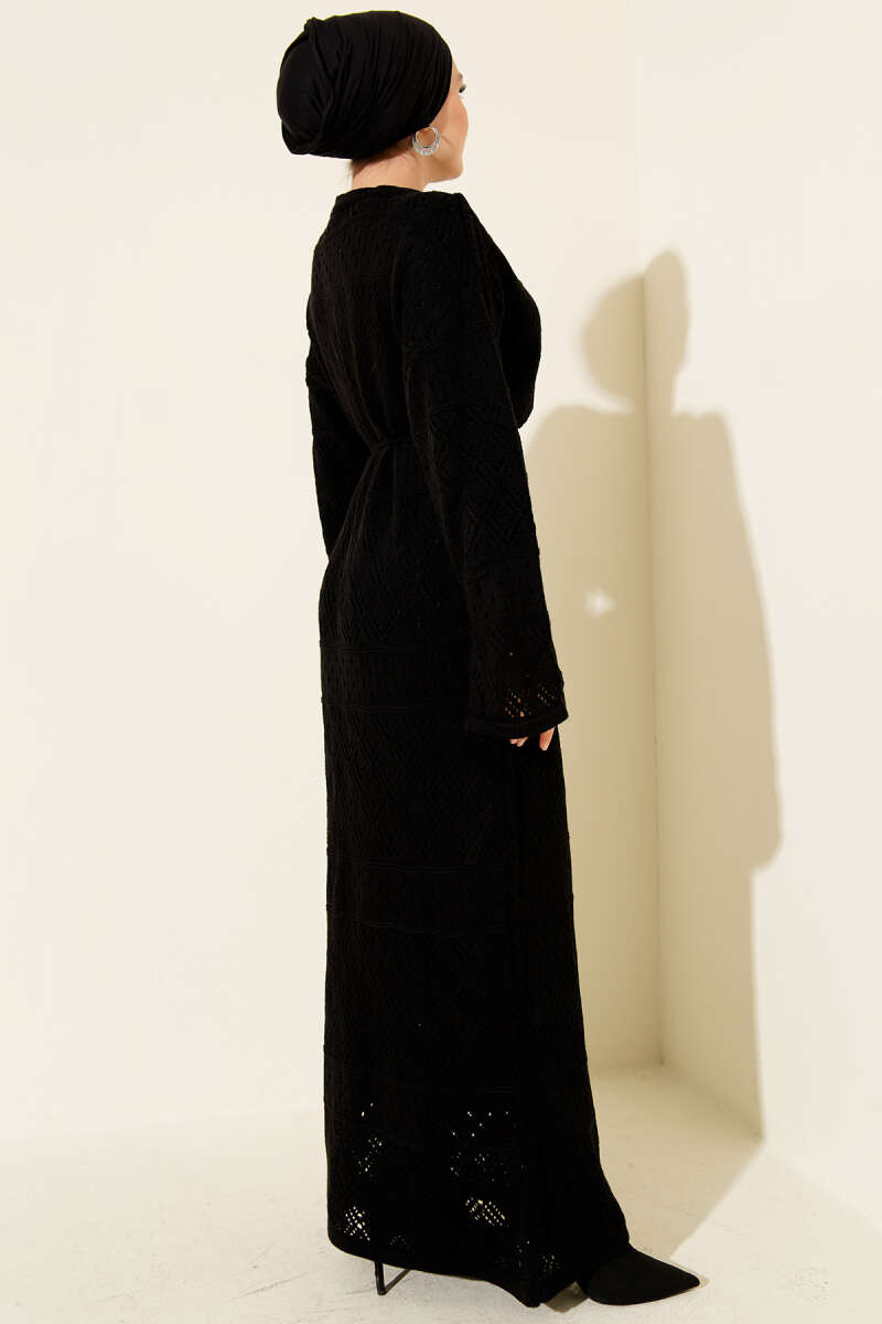 Openwork Diamond Knit Dress - Black