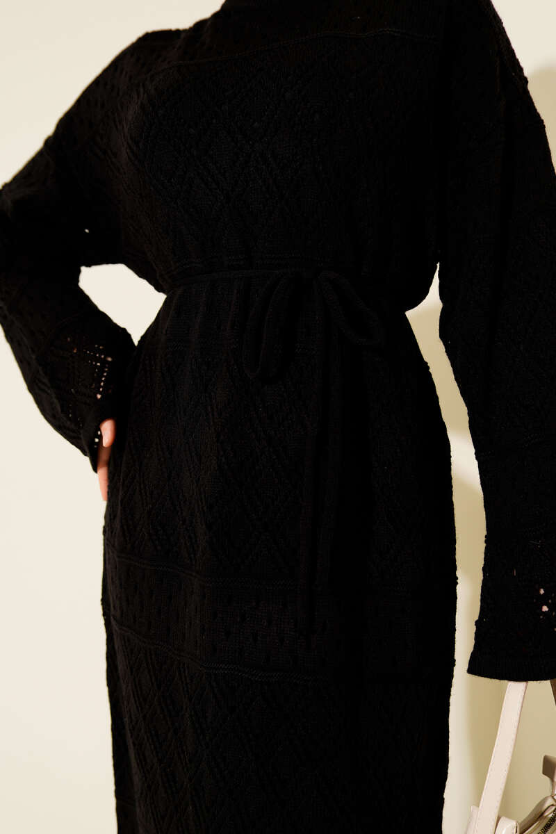 Openwork Diamond Knit Dress - Black