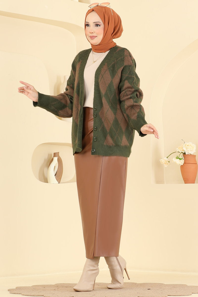Diamond-Knit Button Cardigan - Khaki
