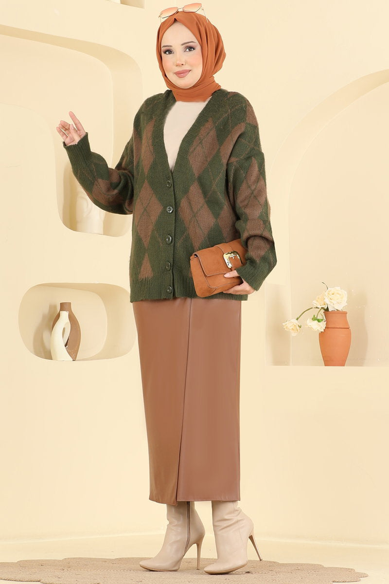 Diamond-Knit Button Cardigan - Khaki