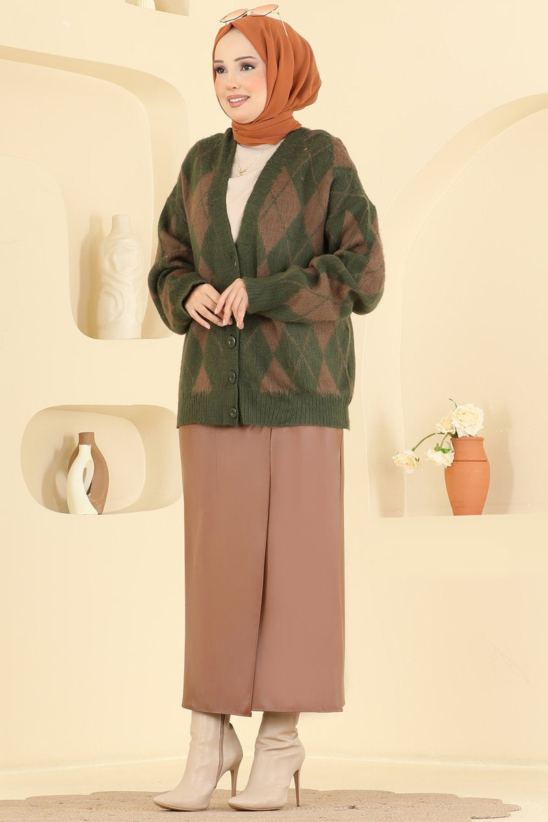 Diamond-Knit Button Cardigan - Khaki