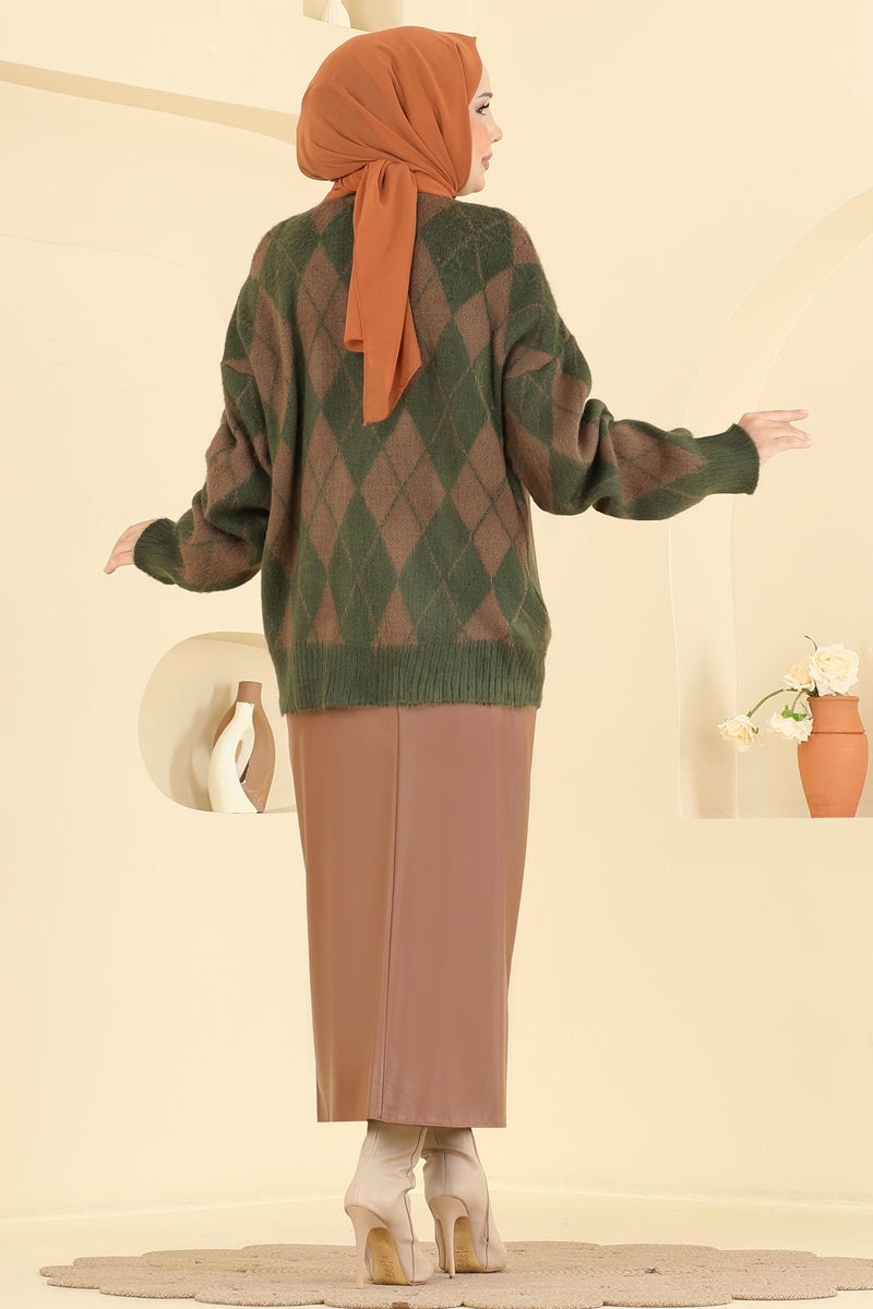 Diamond-Knit Button Cardigan - Khaki