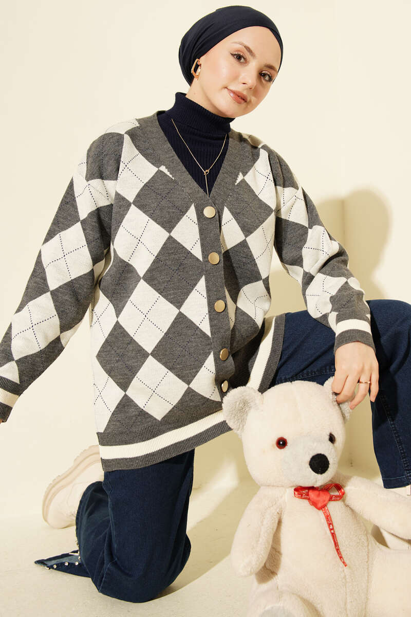 Diamond-Pattern Button Knit Cardigan - Smoke Grey