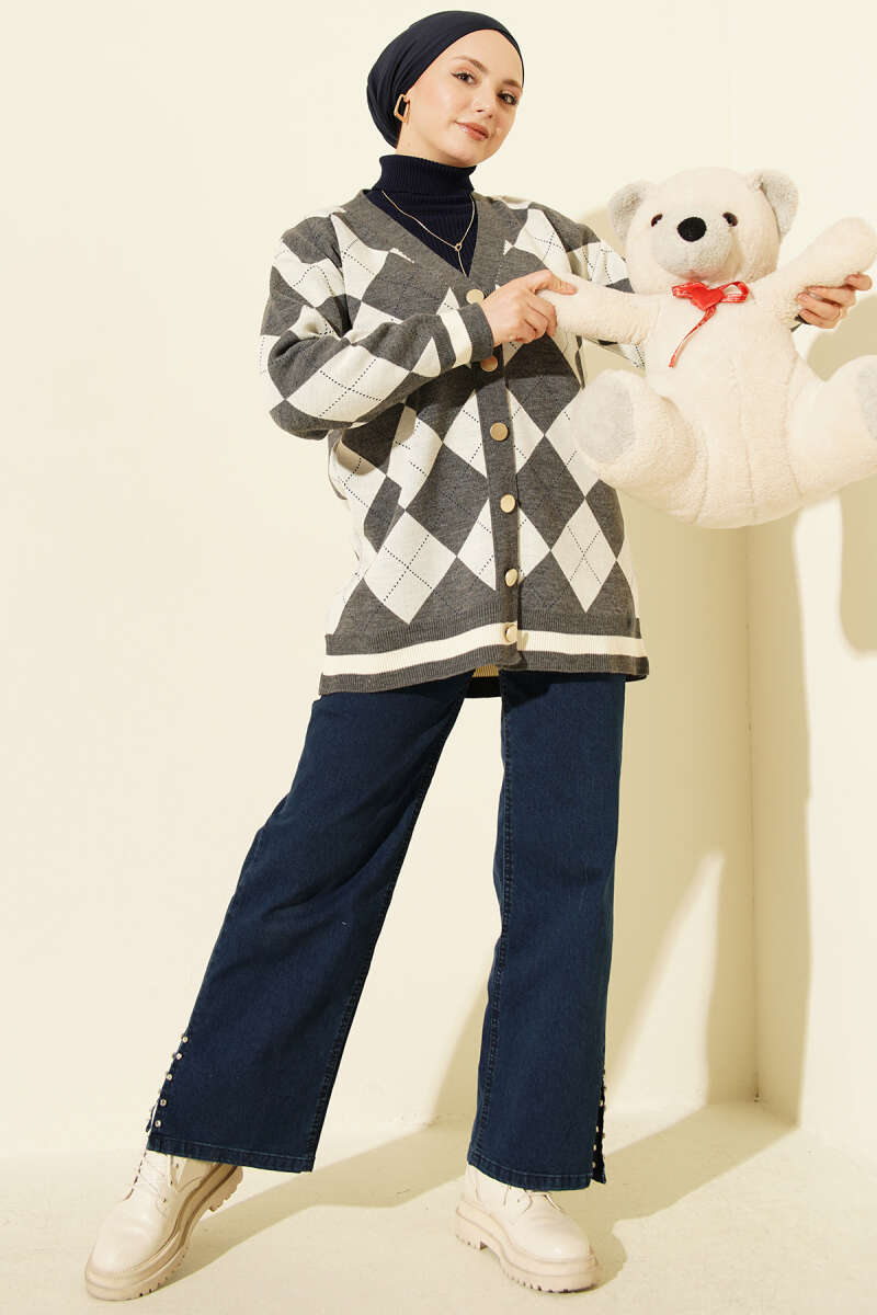 Diamond-Pattern Button Knit Cardigan - Smoke Grey