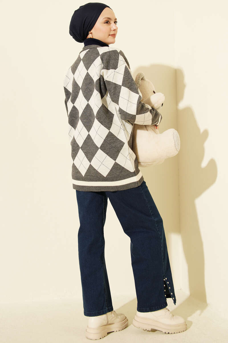 Diamond-Pattern Button Knit Cardigan - Smoke Grey