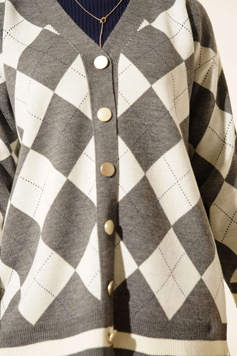 Diamond-Pattern Button Knit Cardigan - Smoke Grey