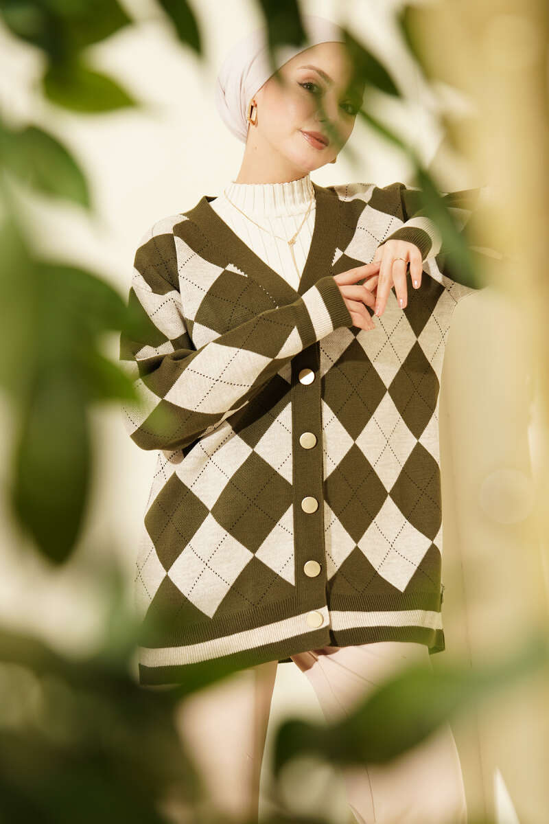 Diamond-Pattern Button Knit Cardigan - Khaki