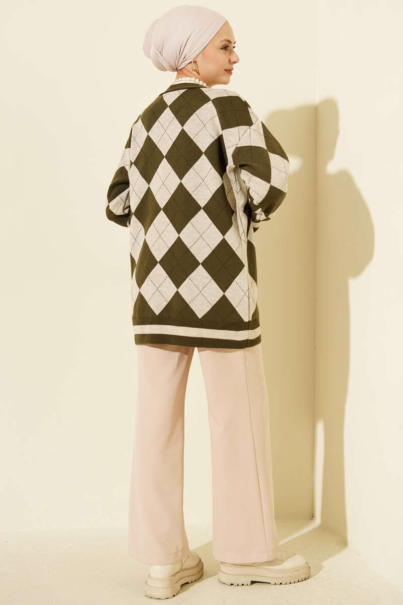 Diamond-Pattern Button Knit Cardigan - Khaki