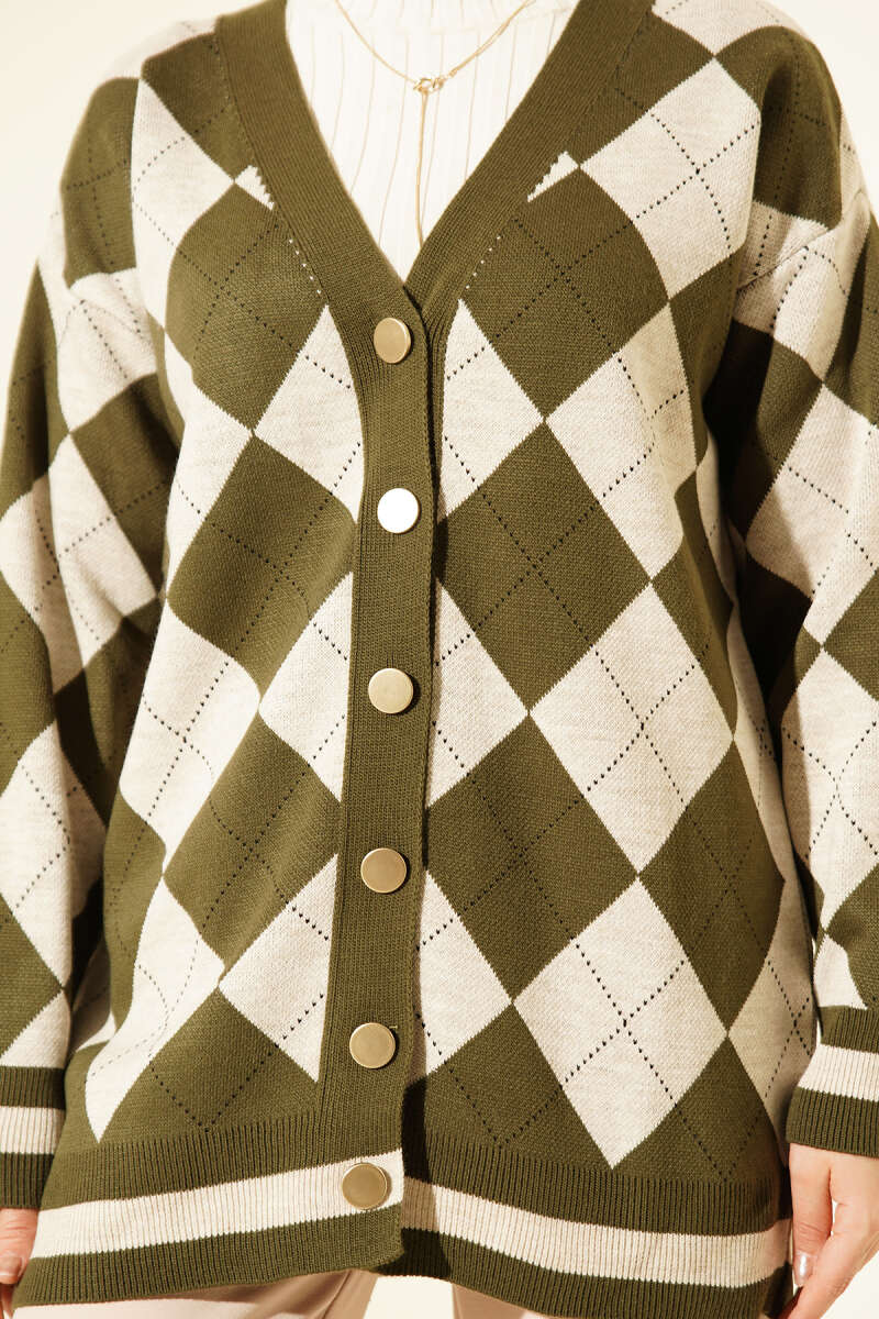 Diamond-Pattern Button Knit Cardigan - Khaki