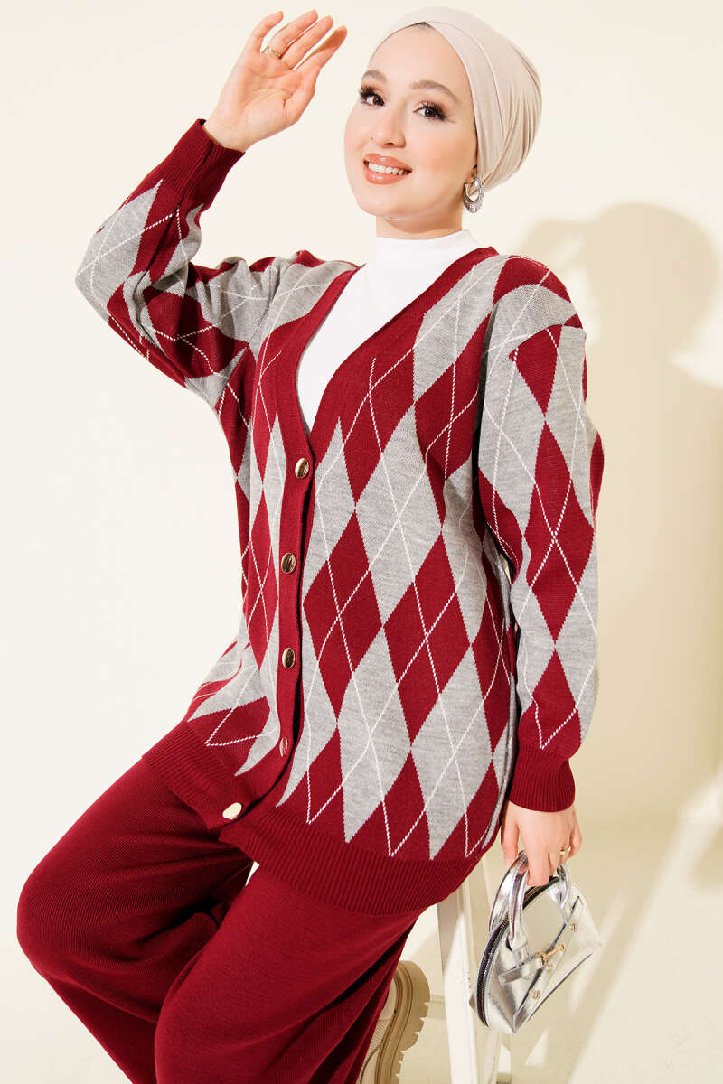 Diamond Knit Button Cardigan Set - Burgundy
