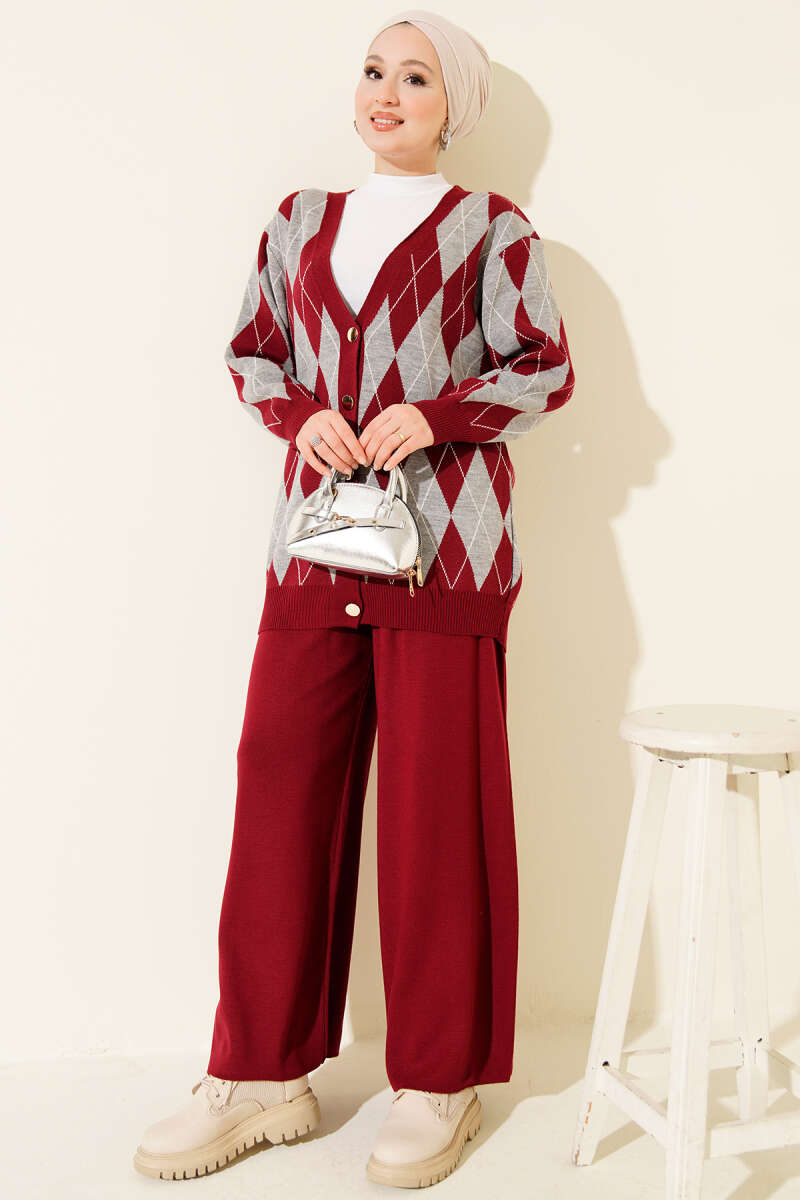 Diamond Knit Button Cardigan Set - Burgundy