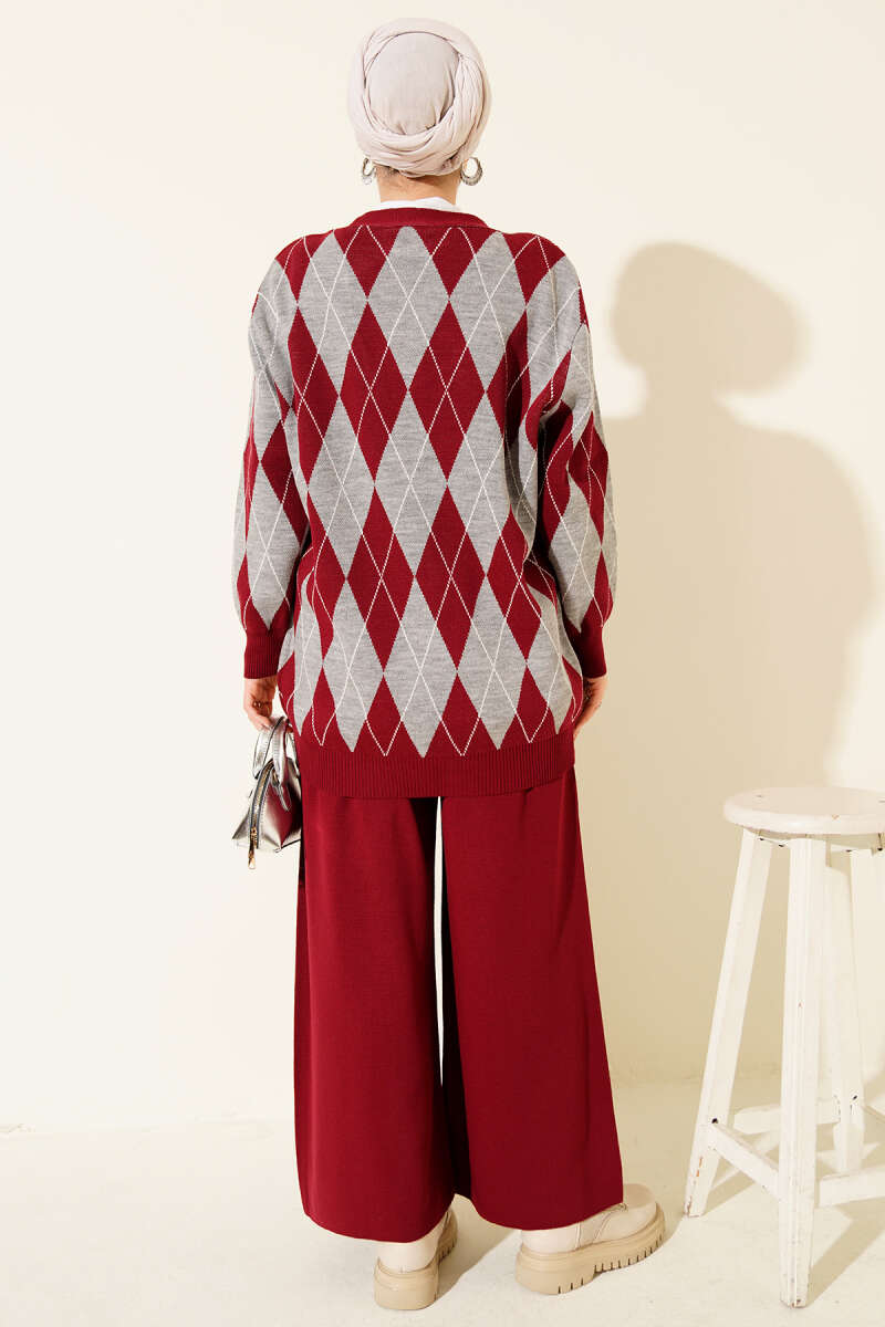Diamond Knit Button Cardigan Set - Burgundy