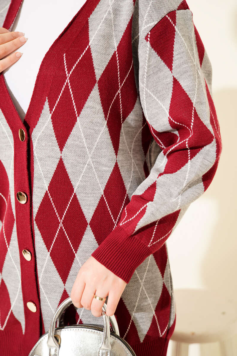 Diamond Knit Button Cardigan Set - Burgundy