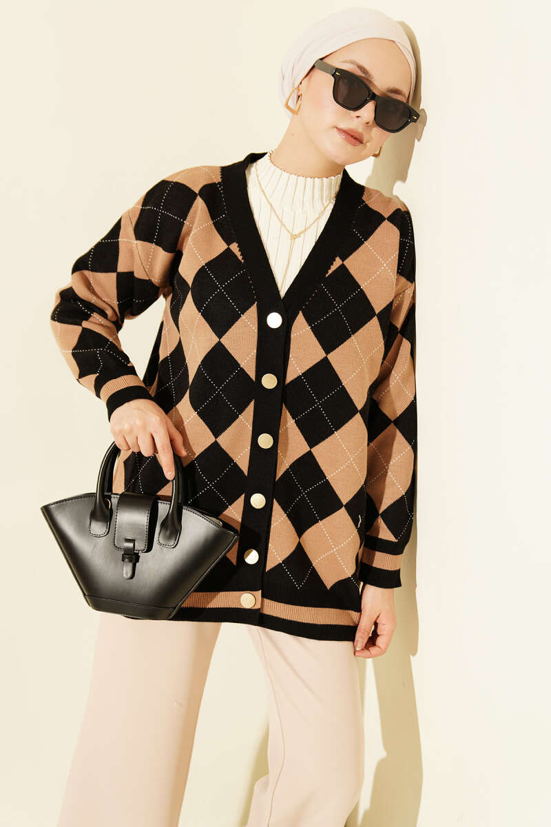 Diamond-Pattern Button Knit Cardigan - Black