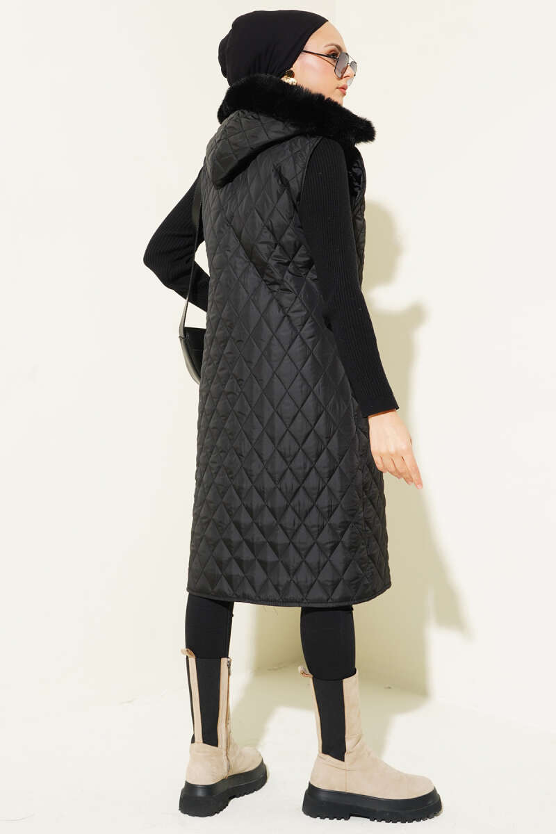 Hooded Diamond Zip Vest - Black