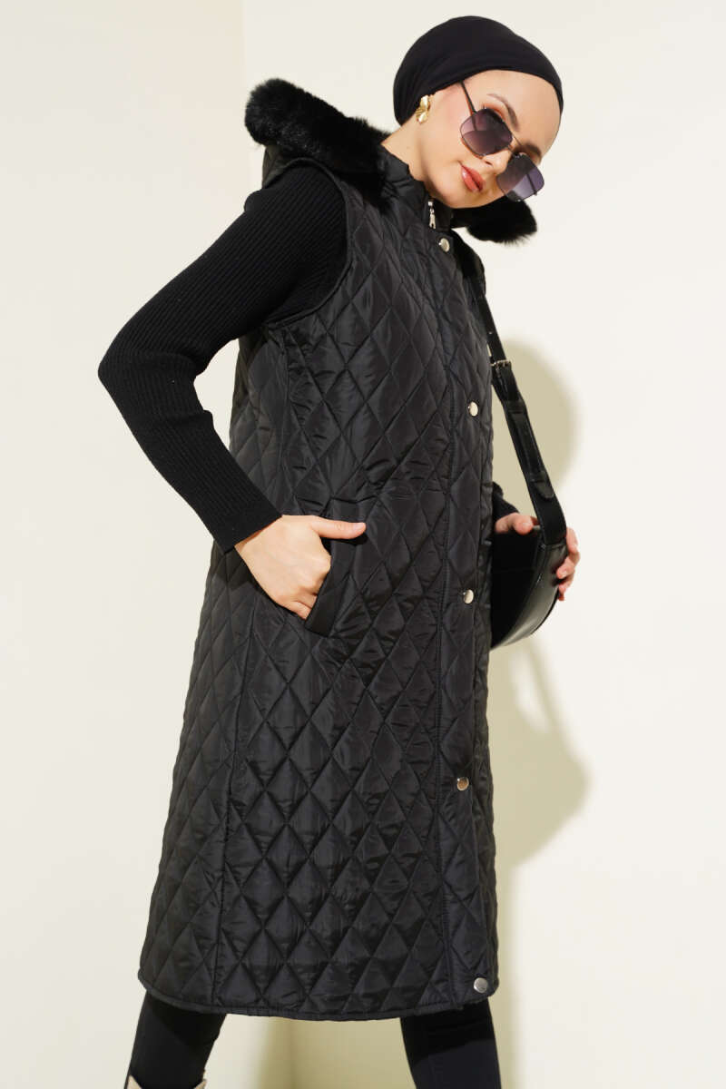 Hooded Diamond Zip Vest - Black