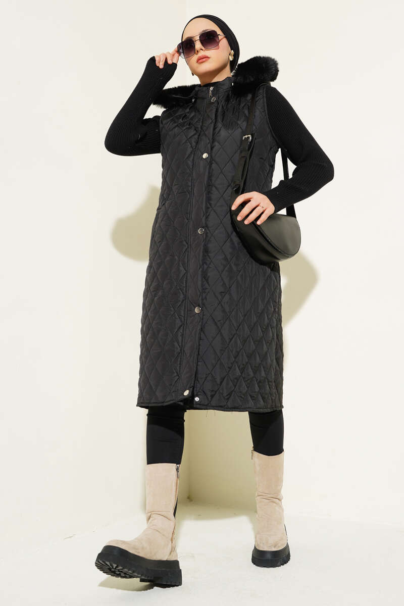 Hooded Diamond Zip Vest - Black