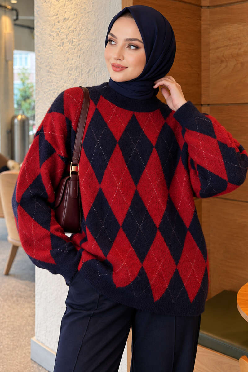 Loose Diamond-Pattern Tunic - Red