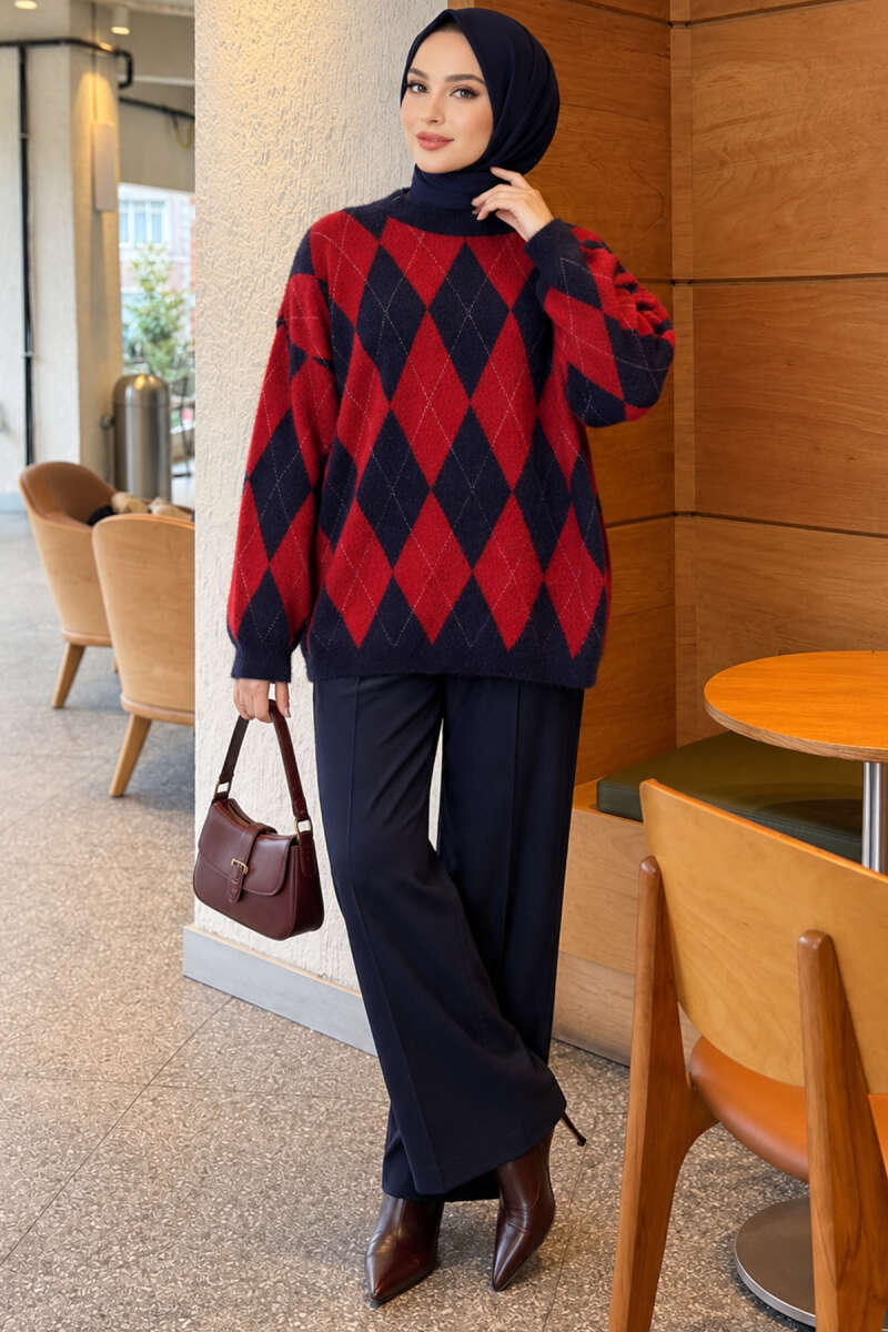 Loose Diamond-Pattern Tunic - Red