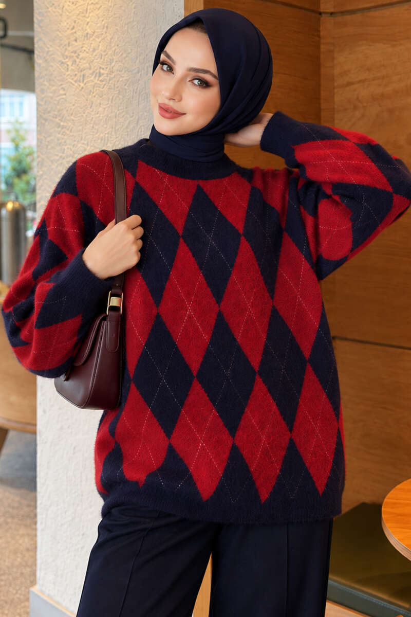 Loose Diamond-Pattern Tunic - Red