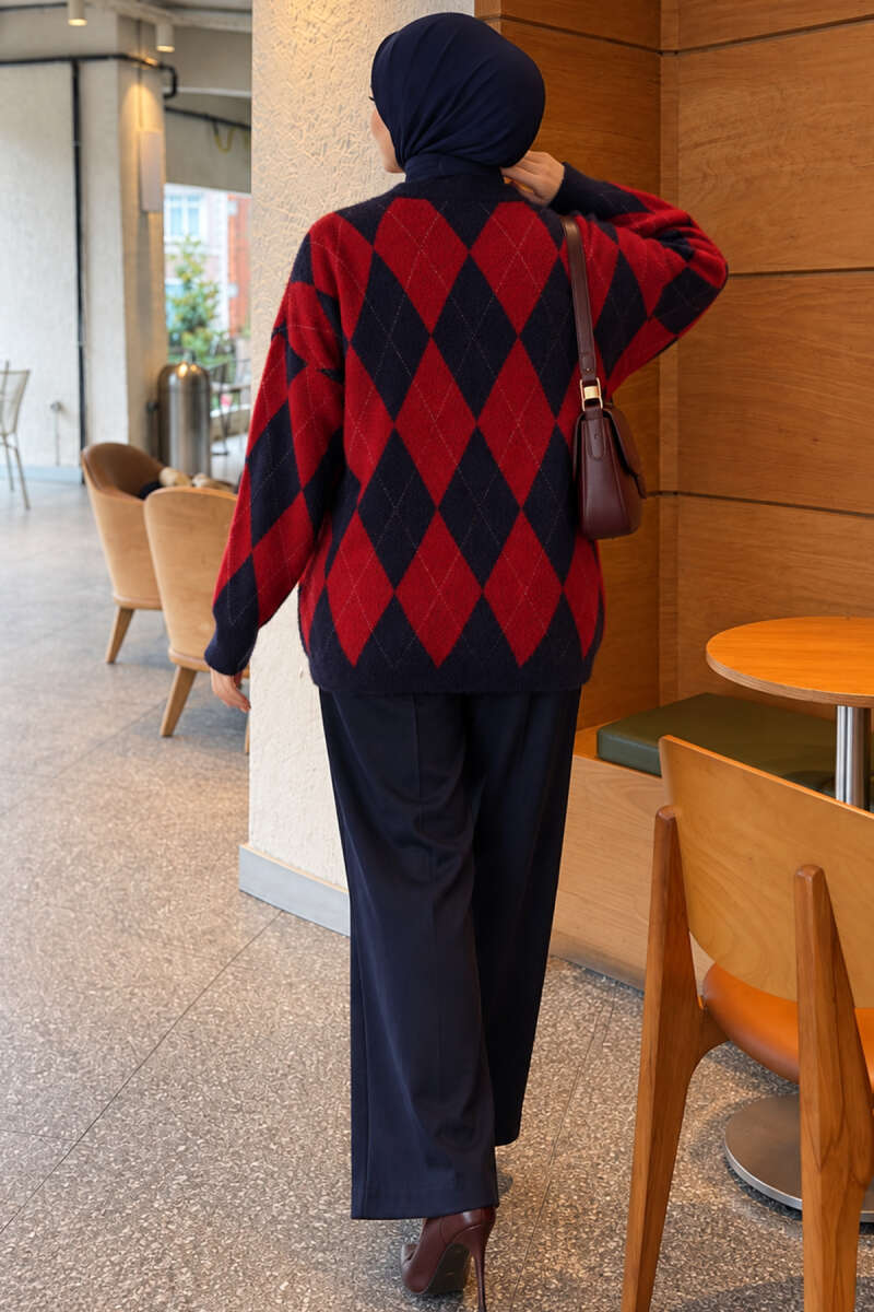 Loose Diamond-Pattern Tunic - Red