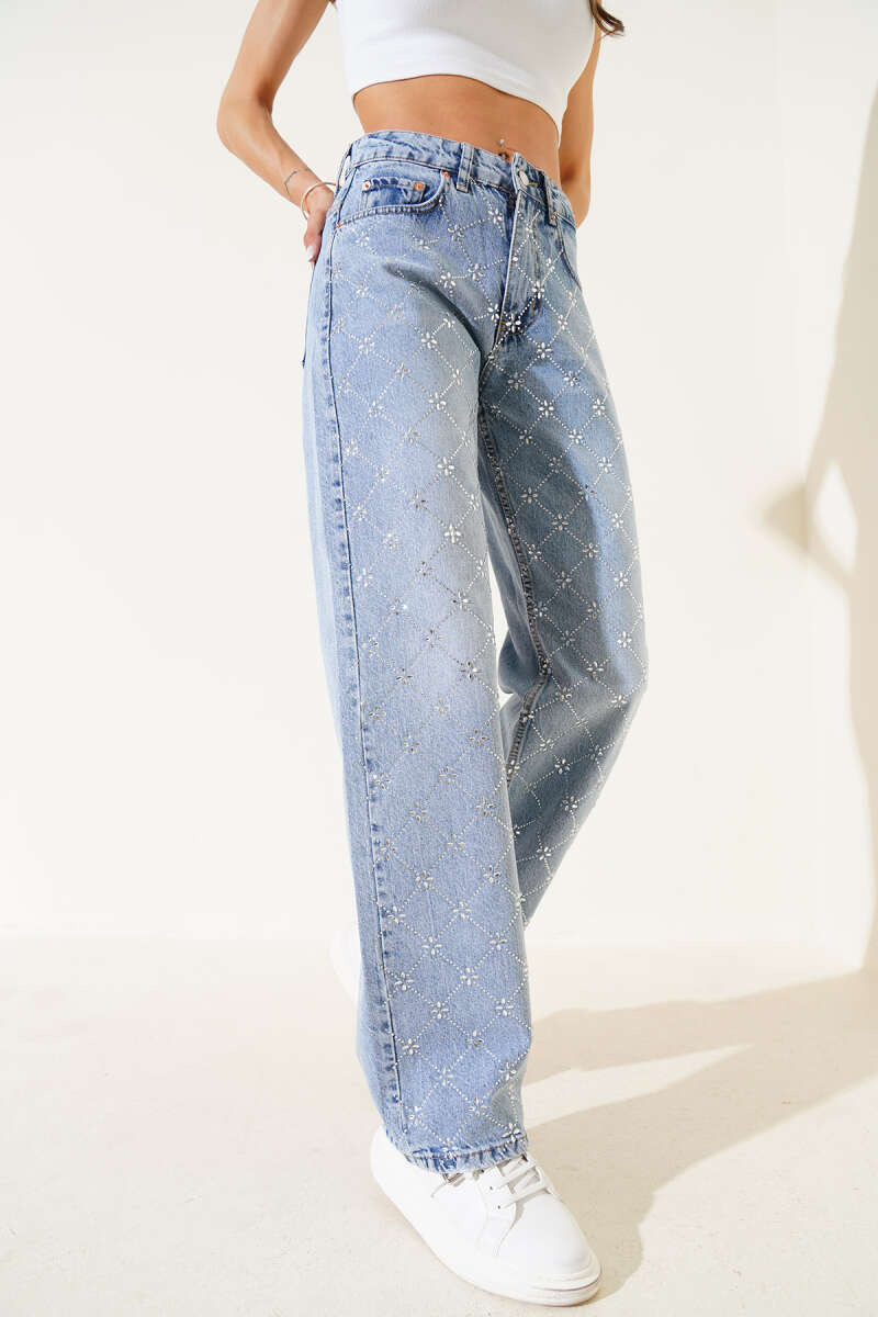 Wide-Leg Jeans with Diamond Stones - Light Blue