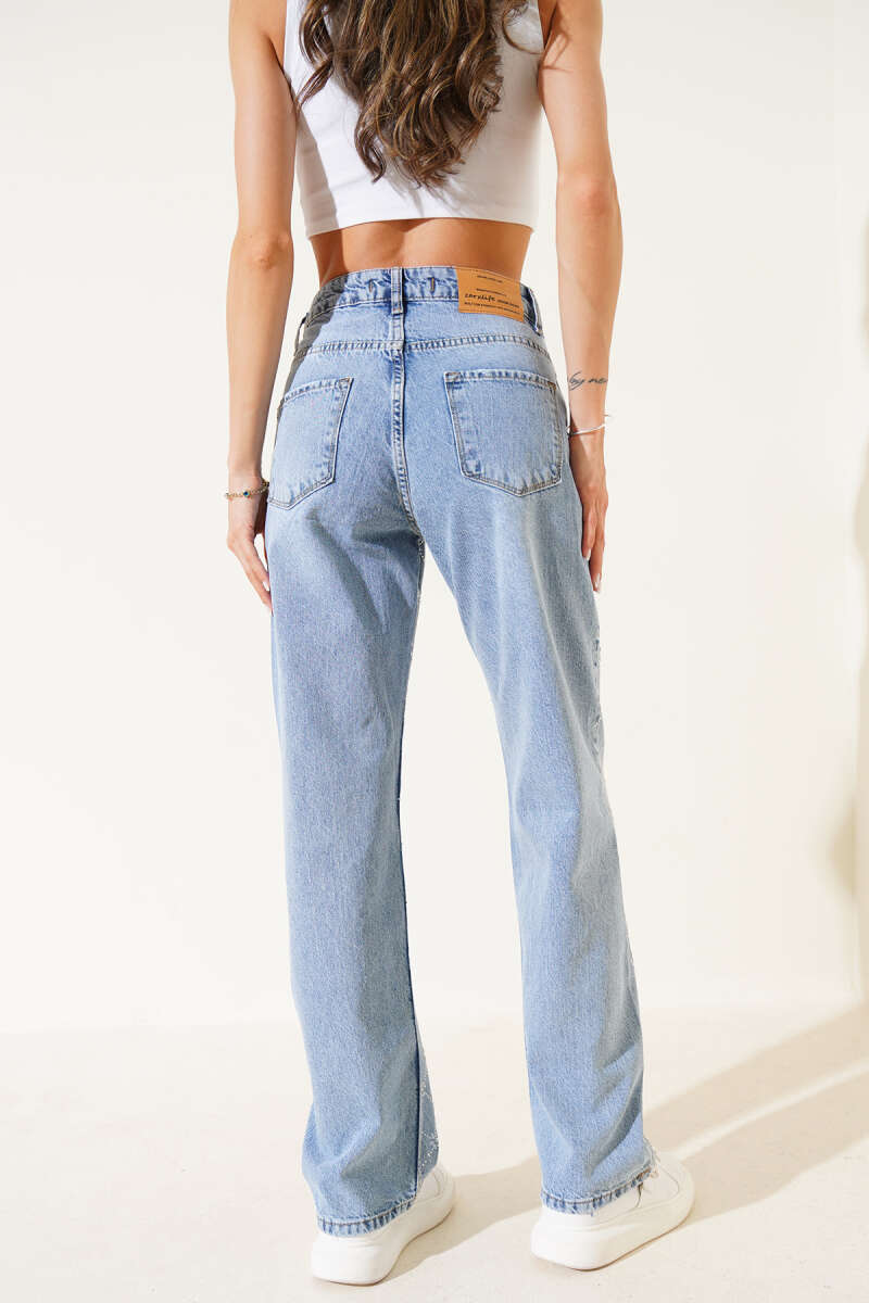 Wide-Leg Jeans with Diamond Stones - Light Blue